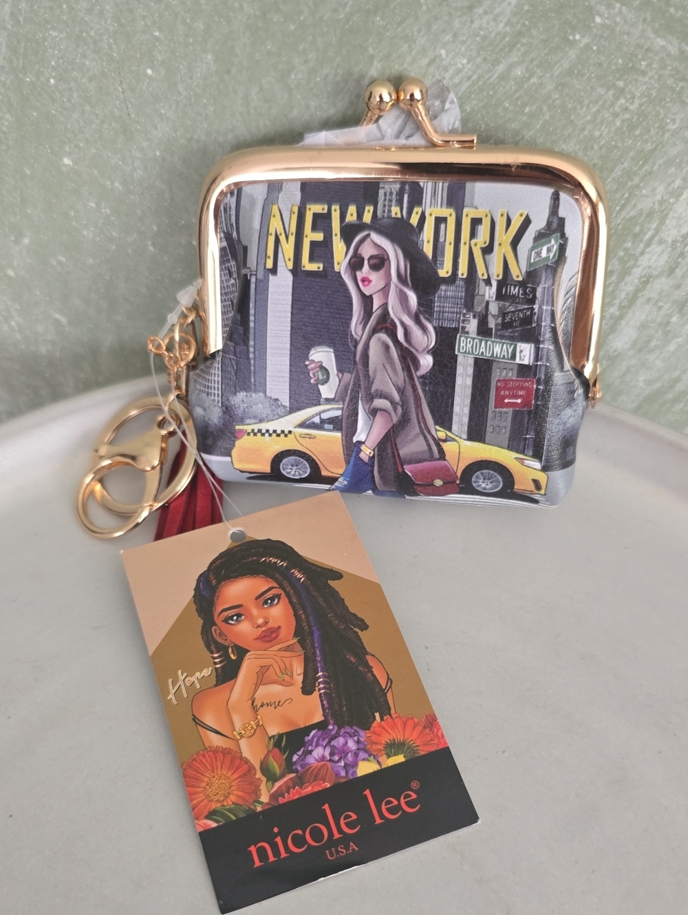 Nicole Lee New York Coin Purse Gold Frame, Key Ring, Bag Charm New